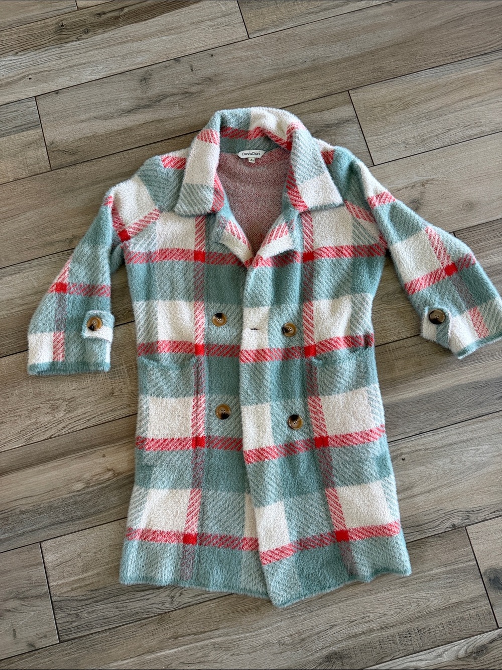 DAVI & DANI Mint Green, Coral & Cream Plaid Double-Breasted Pea Coat